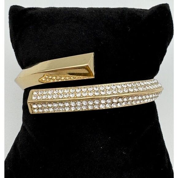 BCBGeneration Gold Tone Bypass Pave Rhinestone Clamper Bangle Bracelet - Picture 1 of 10